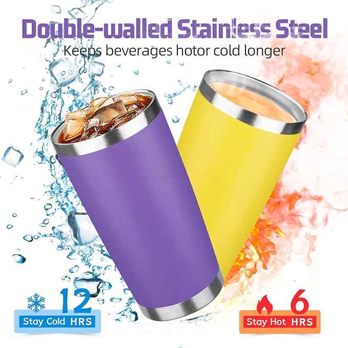 20 oz Tumbler with Lids and Straws, Stainless Steel Insulated Travel Coffee Mug, Double Wall Vacuum Insulated Tumblers, Powder Coated Coffee Tumbler for Cold & Hot Drinks (Purple)
