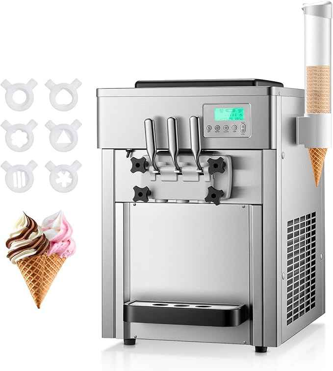 Commercial Ice Cream Machine 5.3-7.4 Gal/H, 3 Flavors Countertop Soft Serve Ice Cream Machine with 8L Hopper, Auto Clean Ice Cream Maker With Pre-Cooling for Snack Restaurants Bars, 1800W