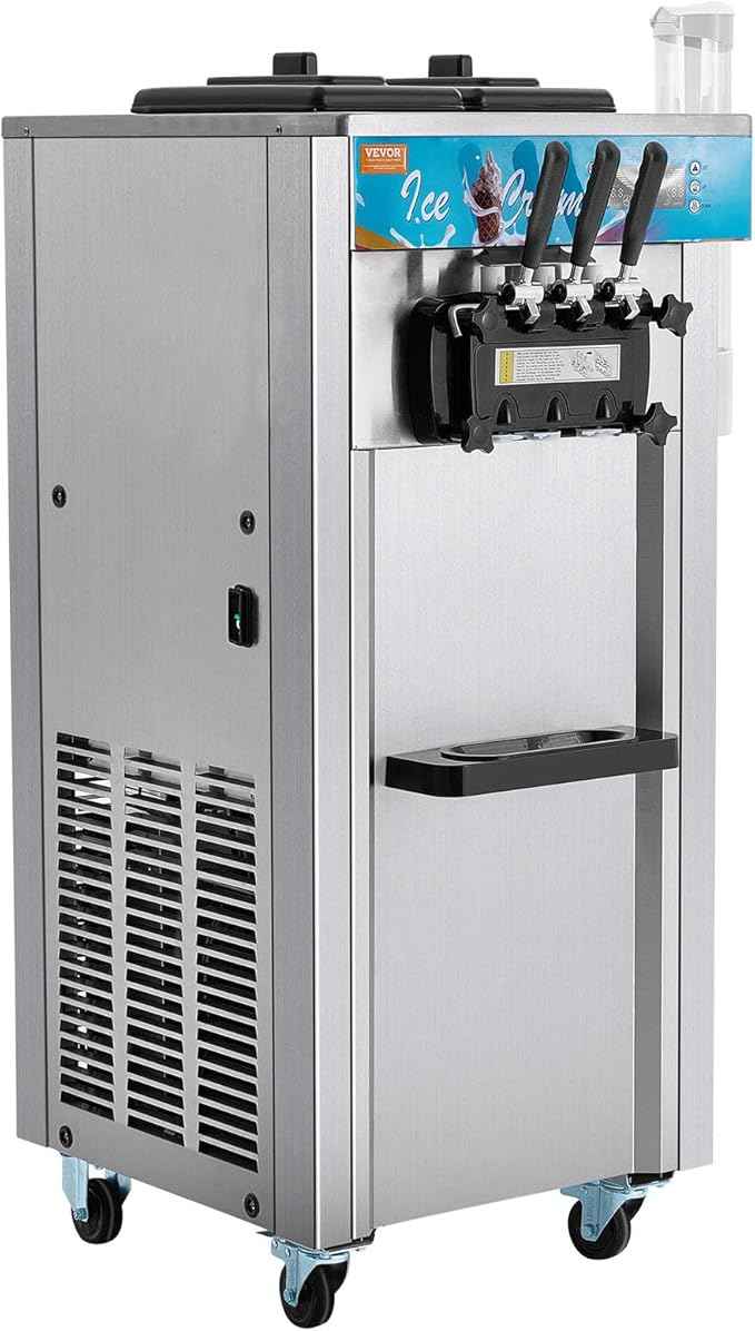 VEVOR Commercial Ice Cream Machine, 21-31 L/H Yield, 1800W 3-Flavor Freestanding Soft Serve Ice Cream Maker, 2 x 5.5L Stainless Steel Cylinder, LED Panel Auto Clean Pre-cooling, for Restaurant Bars