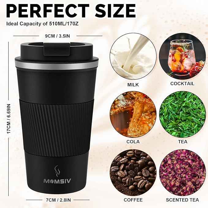 MOMSIV 17oz Travel Mug, Insulated Coffee Cup with Leakproof Lid, Vacuum Stainless Steel Double Walled Reusable Tumbler for Hot and Cold Water Coffee and Tea In Travel and Car