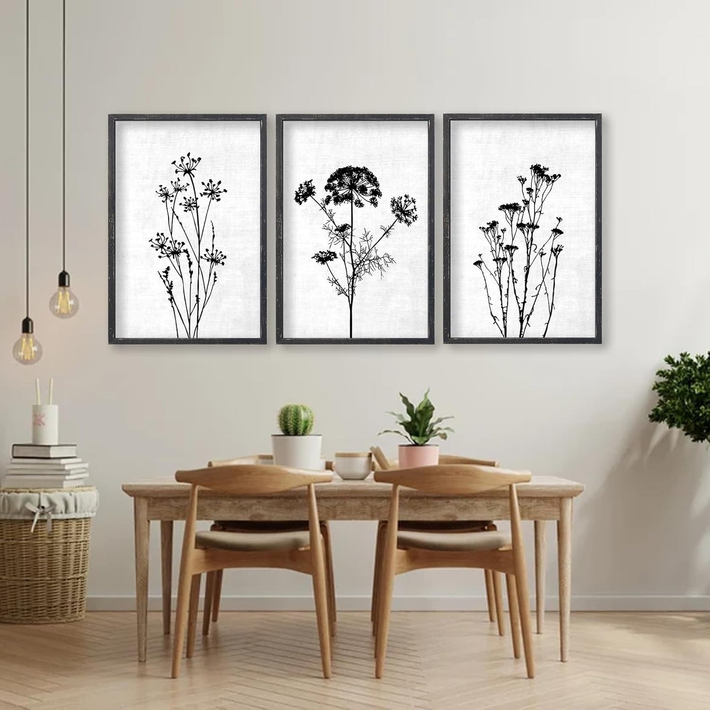 Flower Plant Wall Art Decor 16"x11" Set of 3 Black And White Botanical Painting Wood Framed For Minimalist Bedroom Office Rustic Living Room Abstract Wildflower Sign Hanging (Black)