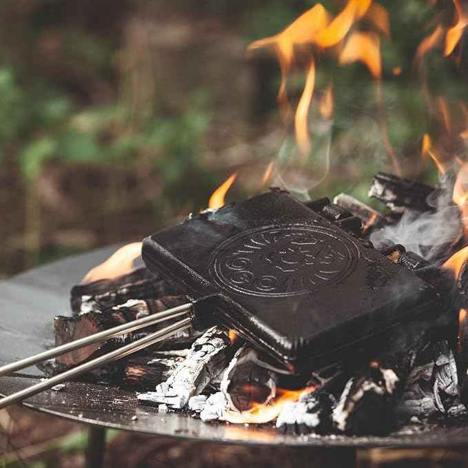 Petromax Hinged Campfire Waffle Iron for Grill or Campsite, Cast Iron with Wooden Handles, 28.3 inches Long