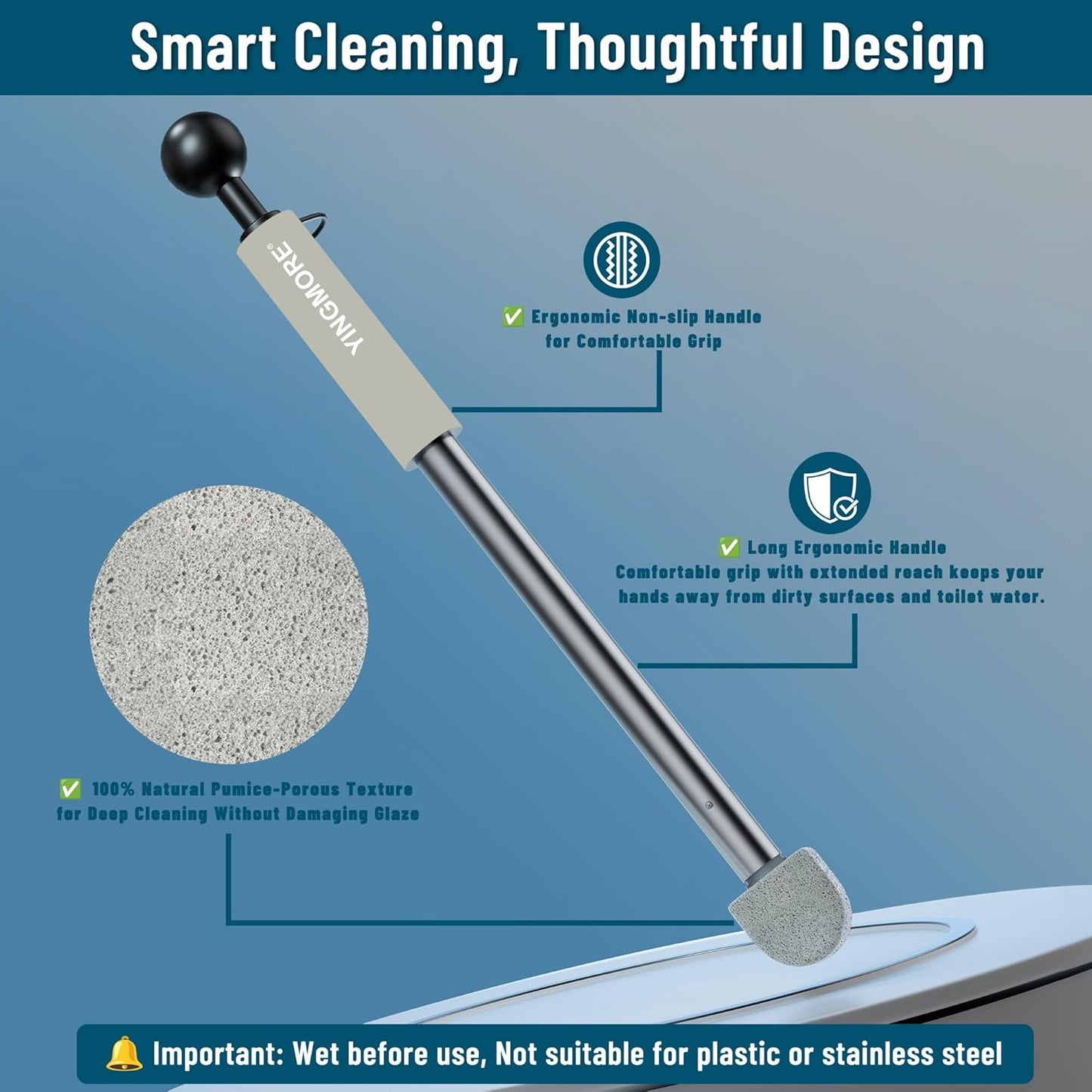 Pumice Stone Toilet Bowl Cleaner Toilet Deep Cleaning,Bathroom Cleaner Brush with Long Handle for Remove Hard Water Stains with Toilet Handle+ Pumice Stones (Grey)