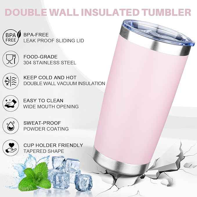 20oz Tumbler with Lid Double Wall Vacuum Insulated Travel Coffee Mug Stainless Steel Thermal Cup Powder Coated Sturdy Coffee Tumbler Bulk for Hot and Cold Beverage (Pink,1)