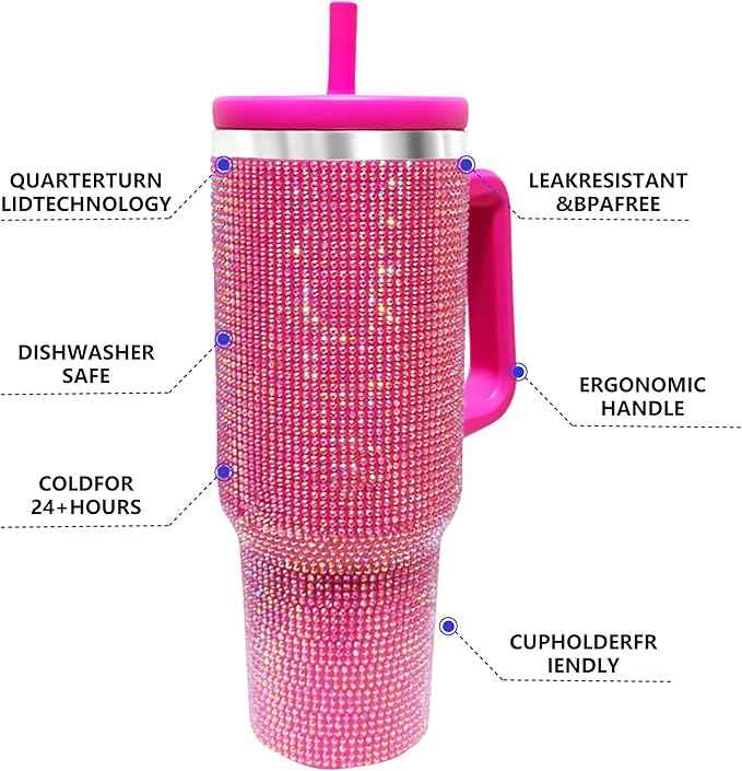 40-OZ Insulated Water Bottle,Insulated Stainless Steel Tumbler,Reusable Cold Drink Thermos,BPA-Free, Double-Wall Stainless Steel Water Bottle (Rose Red-Diamond, 40, Fluid Ounces)