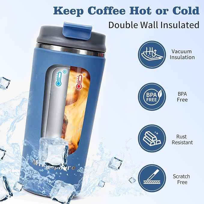 Travel Coffee Mug with Lid, 12 oz Insulated Tumbler, Leak Proof Stainless Steel Cup, for Hot Coffee, Iced Tea & Water, BPA Free, Car Cups Holder Friendly, Blue