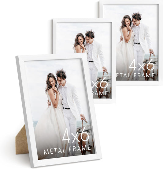 HAUS AND HUES 4x6 White Metal Picture Frames - White 4X6 Photo Frames - Features Premium Aluminum, Vertical Hanging, Easel Back for Tabletop, Home, Office (4x6 in, White, Set of 3)