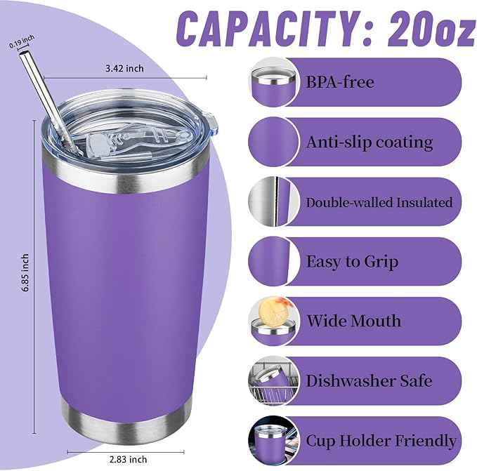 20 oz Tumbler with Lids and Straws, Stainless Steel Insulated Travel Coffee Mug, Double Wall Vacuum Insulated Tumblers, Powder Coated Coffee Tumbler for Cold & Hot Drinks (Mix Color-2, 4 Pack)