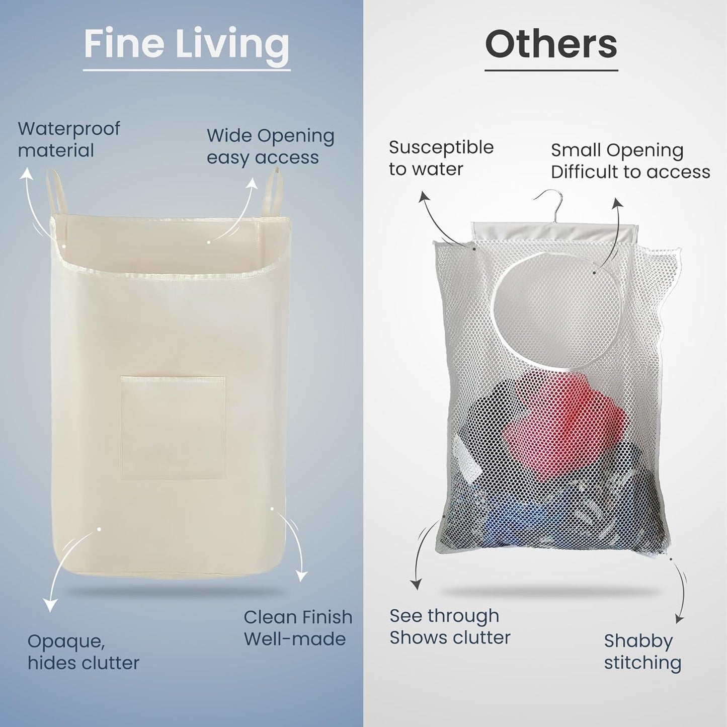 The Fine Living Co. Hanging Laundry Hamper with Over Door Hooks & Adhesive, Durable Space Saving Laundry Bag with Zipper and Wide Open Top, Hanging Dorm Laundry Hamper 18"x4.75"x28" (Beige-L)