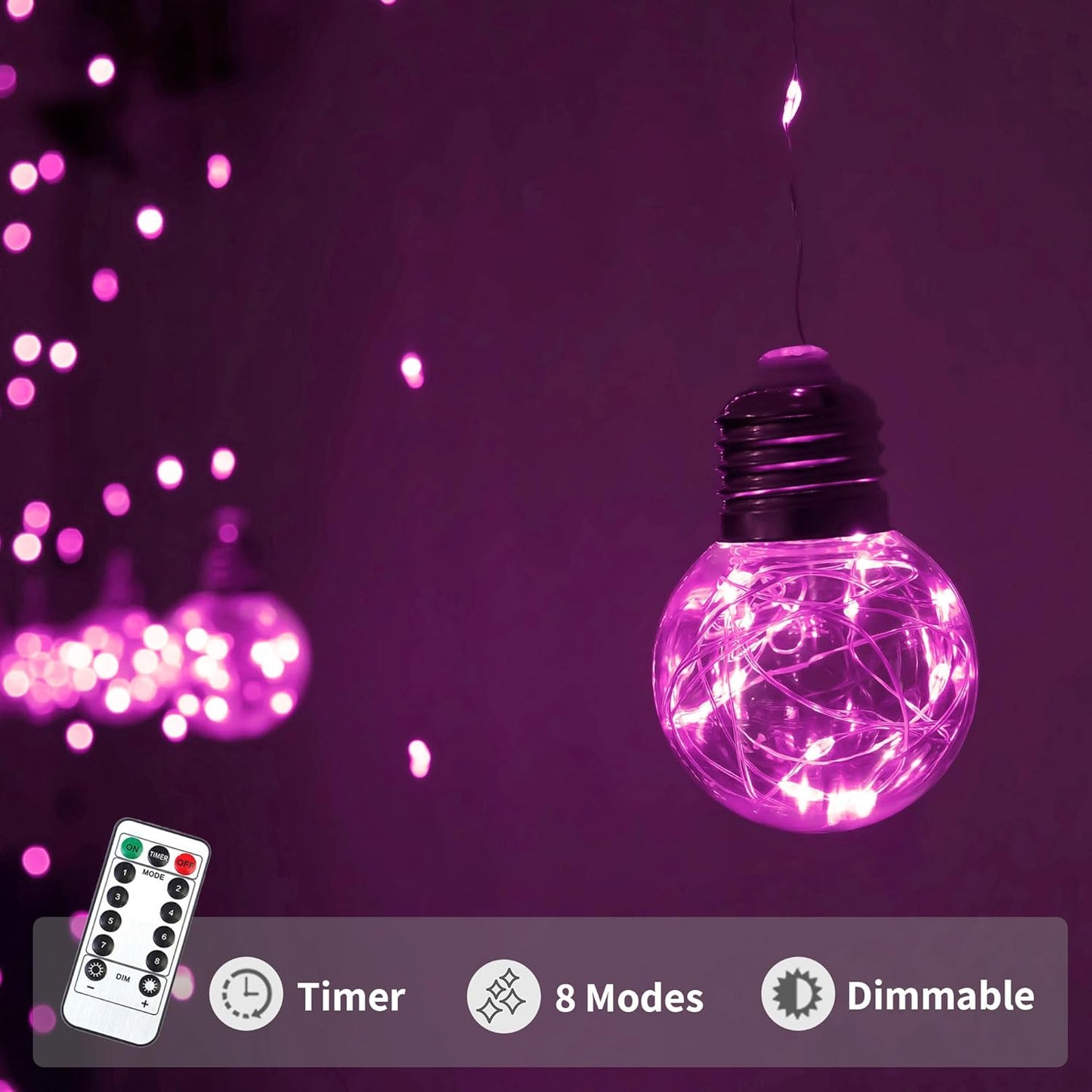 YOLIGHT Wishing Ball Curtain Lights 200 LED Window Curtain String Light with Remote, USB Battery Powered Twinkle Globe Fairy Lights for Wedding Party Bedroom Christmas Decoration (Pink)