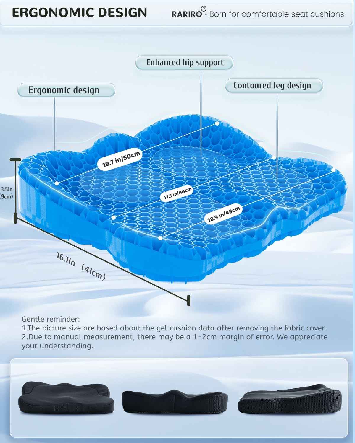 Gel Seat Cushion for Long Sitting(Enlarged & Thickened), Cooling Pressure Relief Seat Cushion for Wheelchair, Driving, Kayak, Office Desk Chair Seat Pad Gel for Heavy People[Blue-19.7" Large]