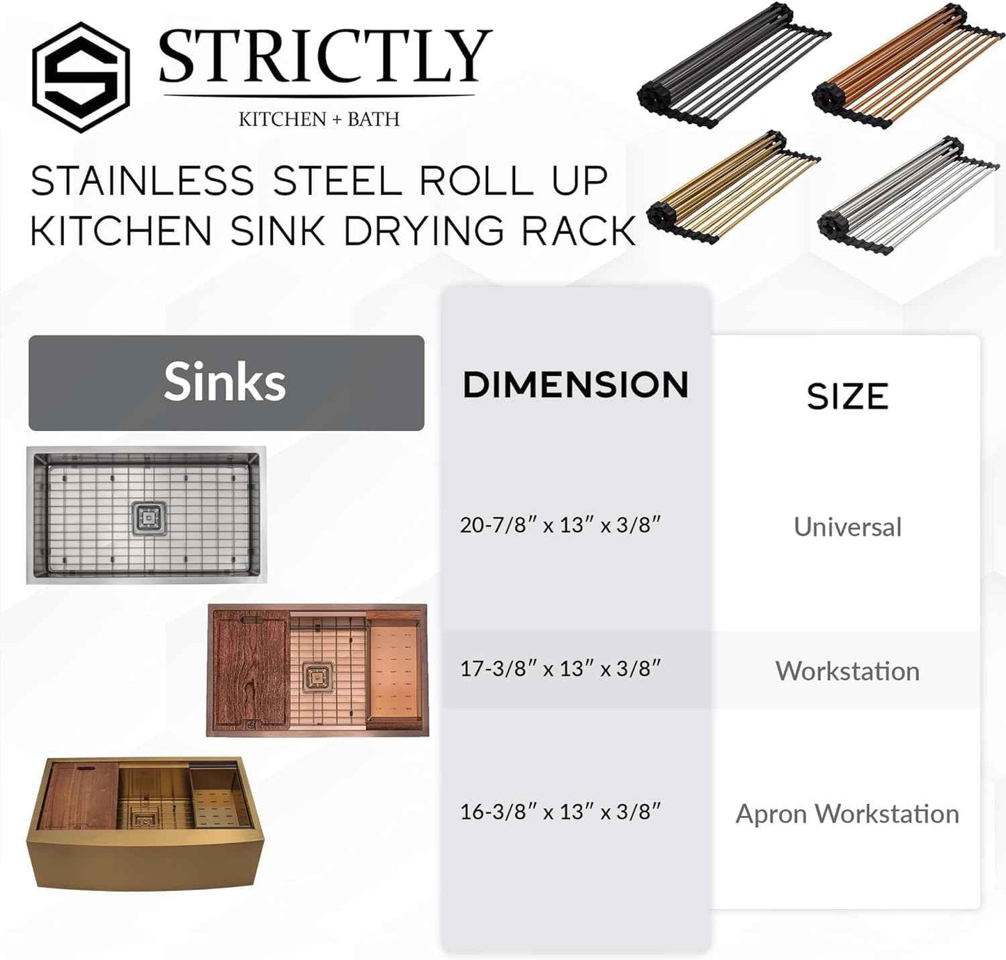 Strictly Sinks Stainless Steel Roll Up Dish Drying Rack – Copper 17 Inch Over The Sink Drying Rack Ideal for Workstation Sinks Only – Multipurpose Foldable Kitchen Dish Rack (17-3/8″ x 13″ x 3/8″)