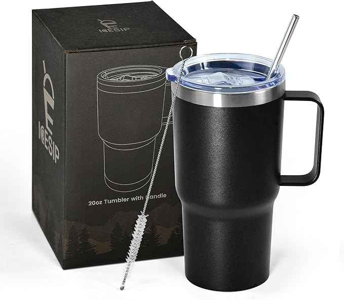 20 oz Tumbler with Handle, insulated cup coffee mug with lid, straw and handle, Double Wall Stainless Steel Vacuum Coffee Tumbler travel mug spill proof, 1pcs Black