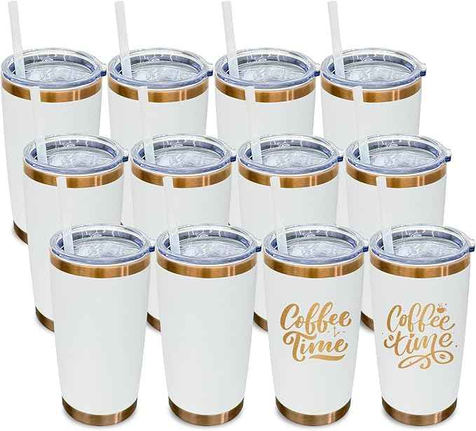 20 oz Tumbler Bulk 12 Pack Stainless Steel Tumbler with Lid and Straw, Double Wall Vacuum Insulated Travel Coffee Mug for Laser Engrave, Powder Coated Cup for Hot and Cold Drinks (White,12 pack)