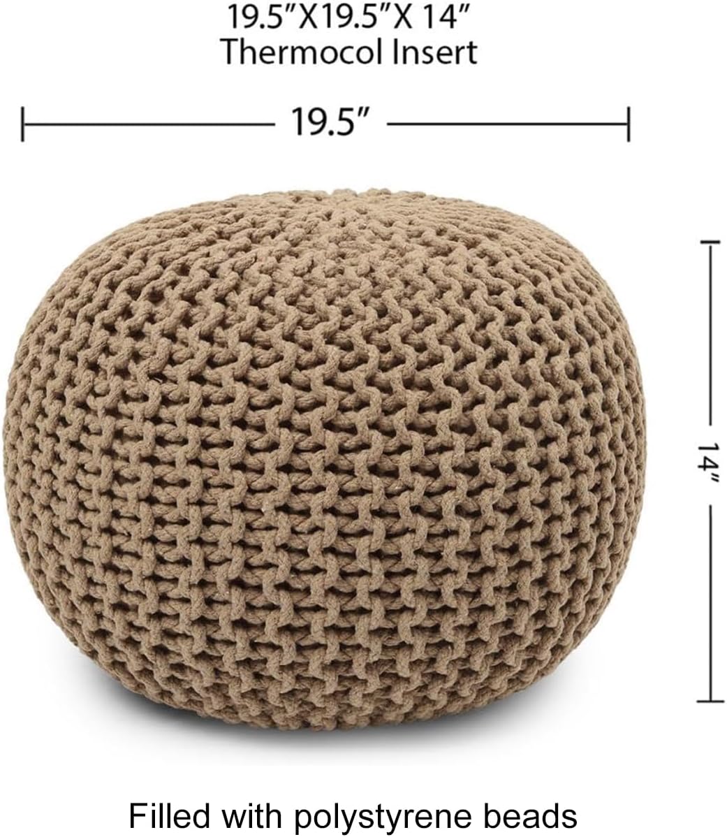 REDEARTH Round Pouf Ottoman - Hand Knitted Cable Boho Poof Home Décor Pouffe Circular Footrest for Living Room - Bedroom - Lounge - 100% Cotton (19.5"x19.5"x14") - Beige