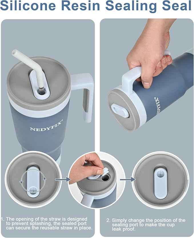 40 oz Tumbler with Handle and Straw Stainless Steel Water Bottle Car Cup Holder Friendly Travel Mug Cup-Dark Blue