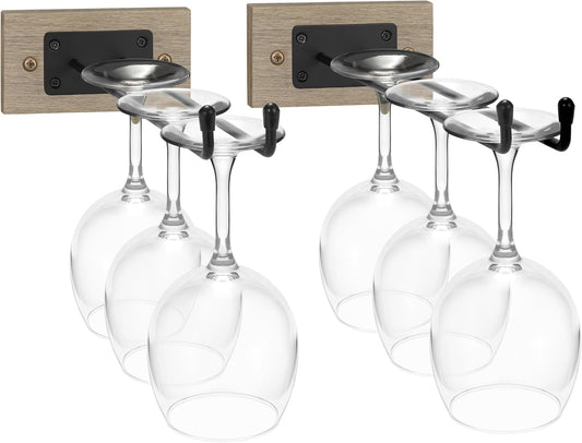 Sorbus Wall Mounted Wine Glass Stemware Rack Set - Wire & Wood Wine Rack Wall Mounted for Wine Glasses, Champagne Glasses, and Drinkware - Complete Your Home Bar & Kitchen Storage, Grey