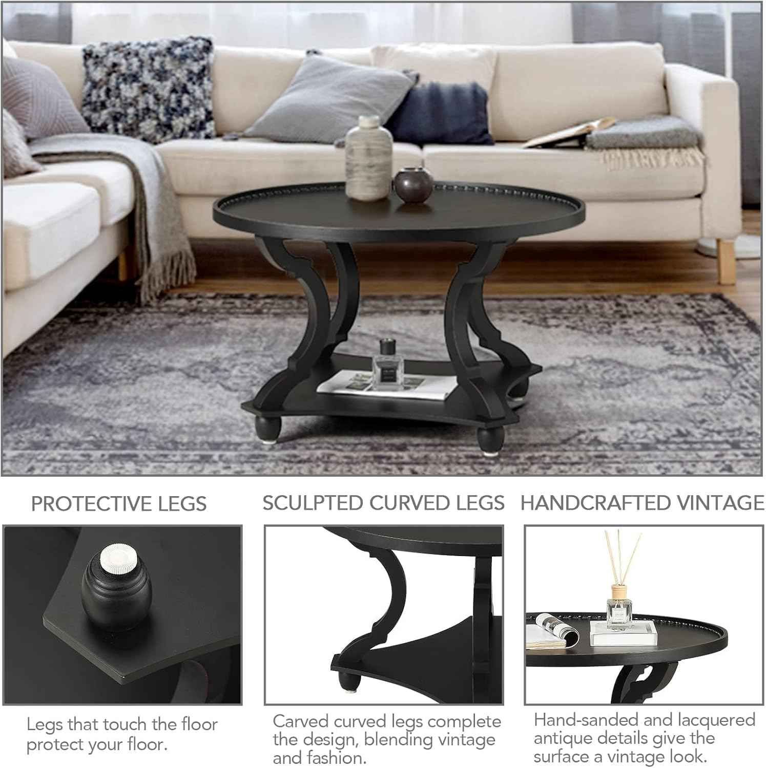 Wnutrees Farmhouse Round Coffee Table, Wood Tray Top Circle Coffee Table with Storage Shelf Rustic Style for Living Room and Vintage Finish, Black