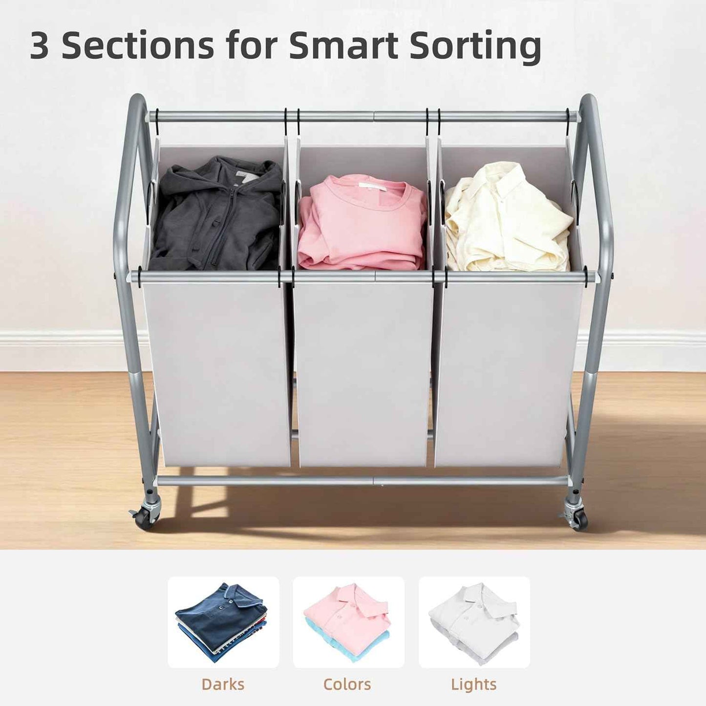 STORAGE MANIAC 3 Section Laundry Sorter, 35.6 Gal (135 L) Laundry Hamper Cart with Heavy Duty Rolling Lockable Wheels and Removable Bags, Clothes Organizer Basket Clothes Separator Hamper, Gray