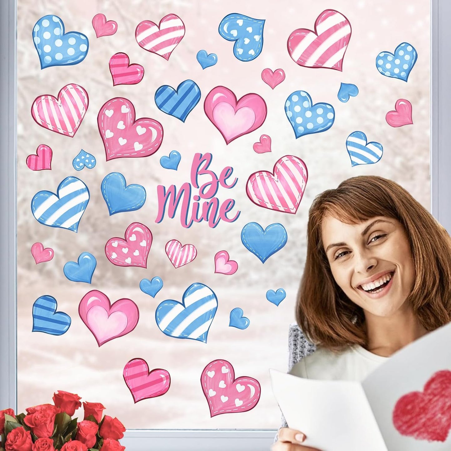 Mfault Valentines Day Love Hearts Window Clings 4 Sheets, Pink Blue Polka Dot Stripes Be Mine Romantic Stickers Decals Decorations, Anniversary Wedding Home Kitchen Decor Party Supplies