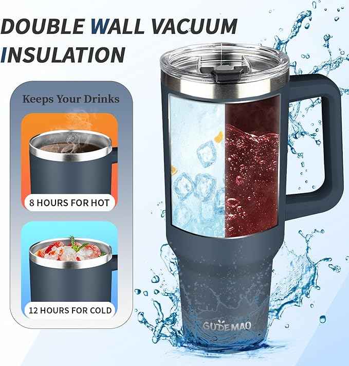 40 oz Tumbler with Handle, Insulated Tumbler with Lid and Straw, Reusable Stainless Steel Vacuum Insulated Cup, 100% Leak Proof Thermal Travel Coffee Mug Cup for Cold and Hot (Deep Blue)