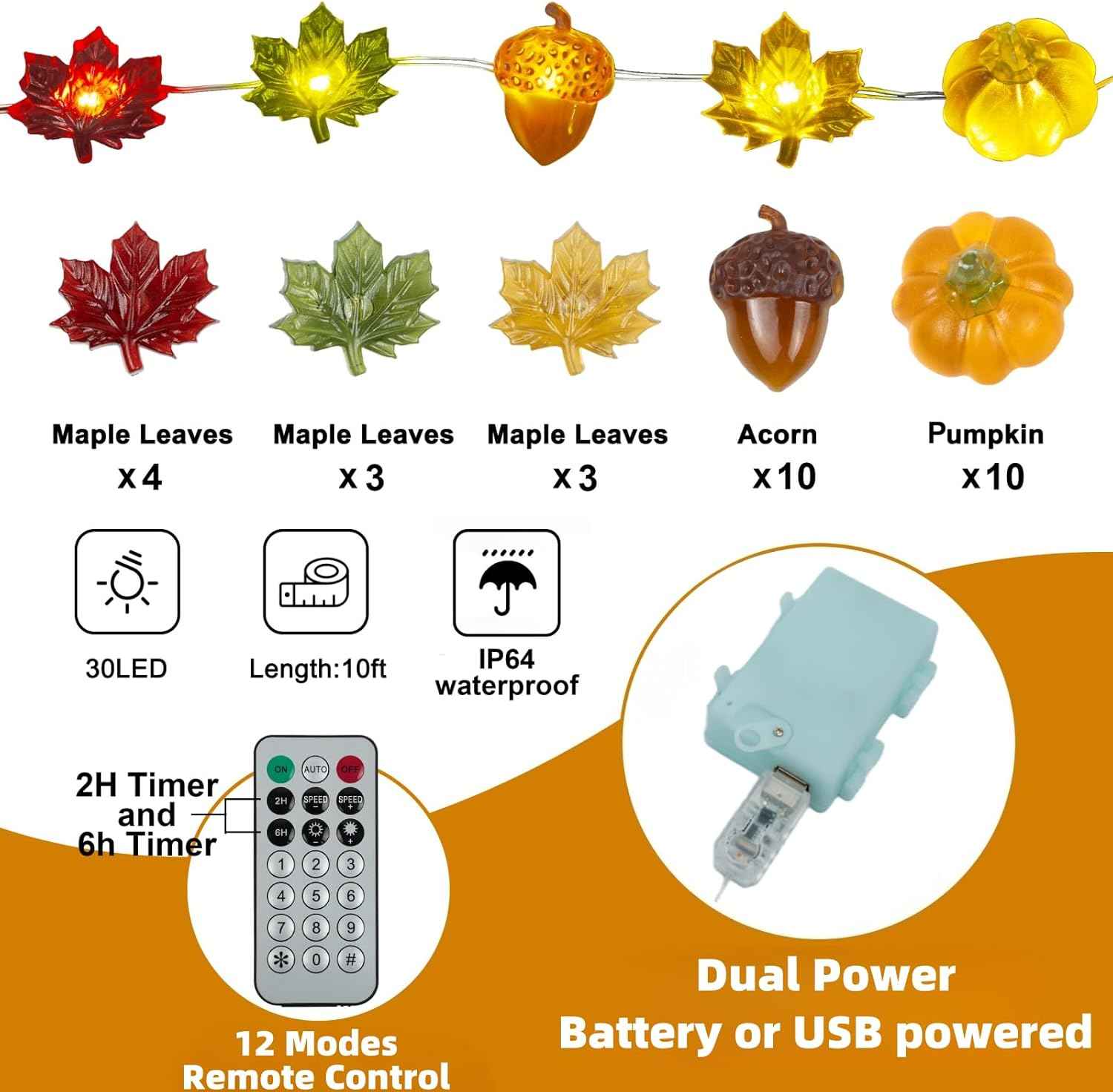 Thanksgiving Lights 10FT 30 LED Fall Lights 3D Pumpkin Maple Leaf Acorn USB/Battery Operated String Lights Halloween Decorations Indoor Fall Decorations for Home Garland Party Autumn