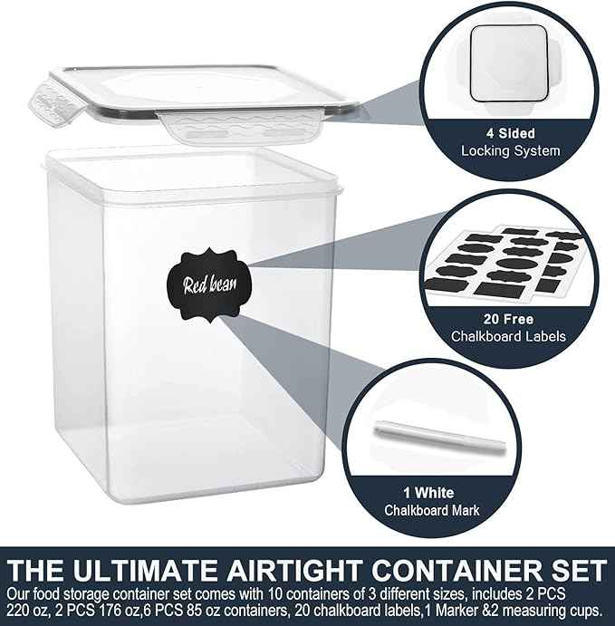 VERONES Large Tall Airtight Food Storage Containers, 10 PACK Plastic Airtight Kitchen & Pantry Organization, Ideal for Flour & Sugar Plastic Canisters with Labels