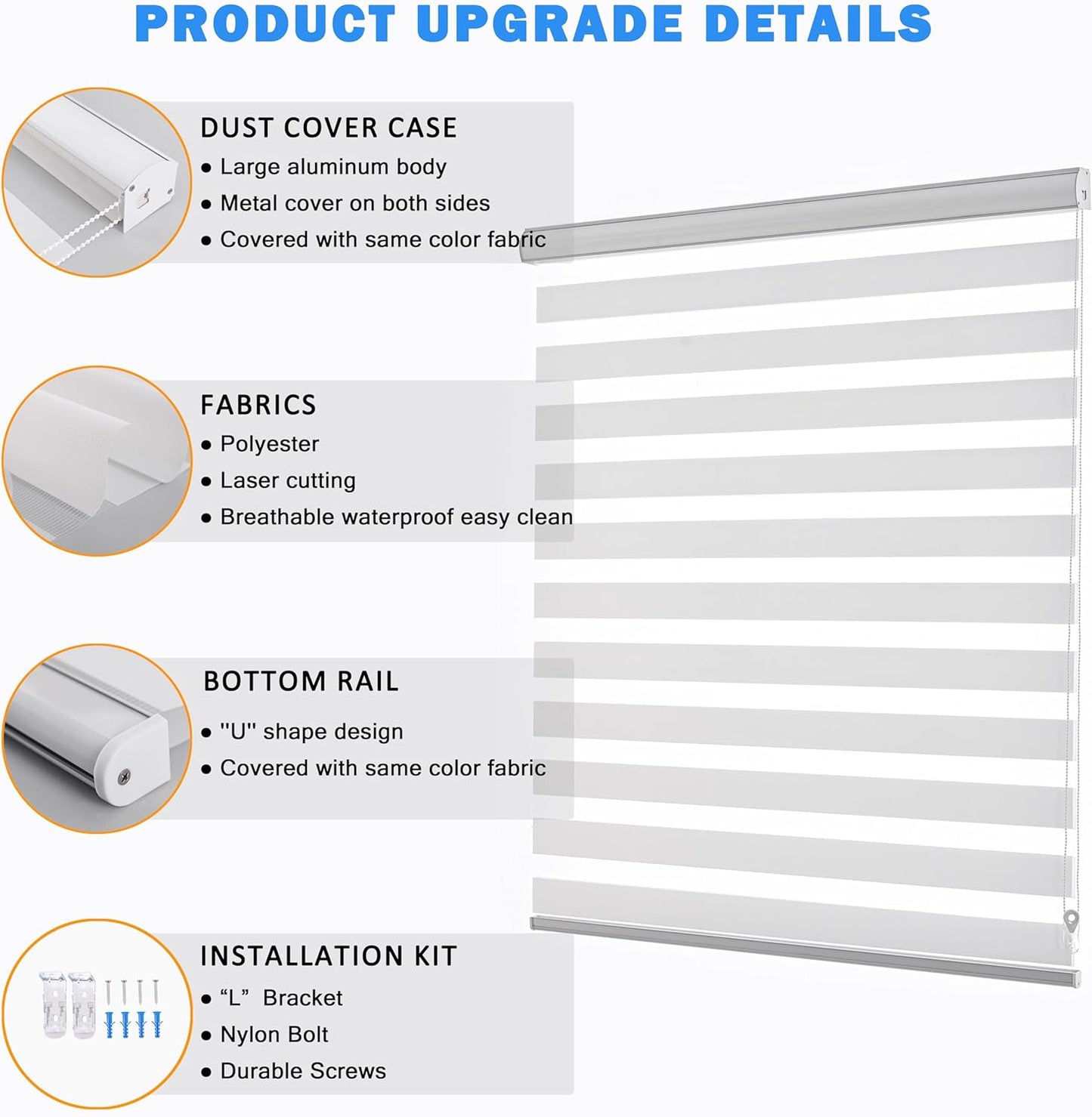 Zebra Blinds for Windows Dual Layer Light Filtering Privacy Free-Stop Sheer Shades Light Control for Indoor Windows Zebra Shades for Living Room(57" W X 72" H, White)