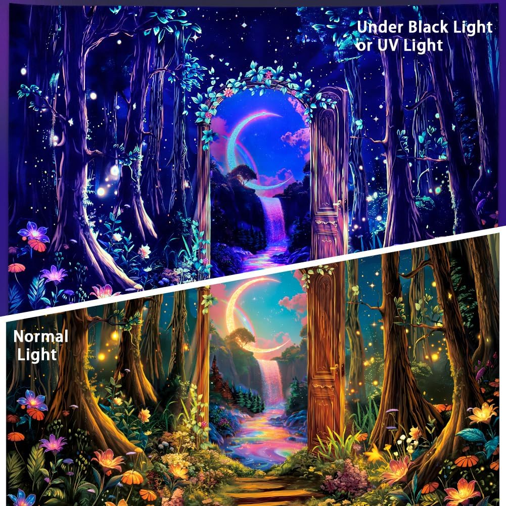 Heynvioo Blacklight Forest Tree Tapestry UV Reactive Moon Tapestry Flower Floral Tapestries Fantasy Landscape Tapestries Aesthetic Plant Wall Hanging Decor for Home