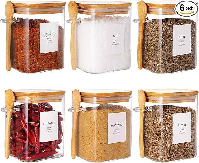 HHMJSM 6 Pcs Square Glass Jar with Bamboo Lid and Spoon - 27 oz Large Sugar Container with 148 Kitchen Pantry Spice Jar Labels Preprinted - Glass Containers with Wooden Lids Hold Coffee, Tea, Candy