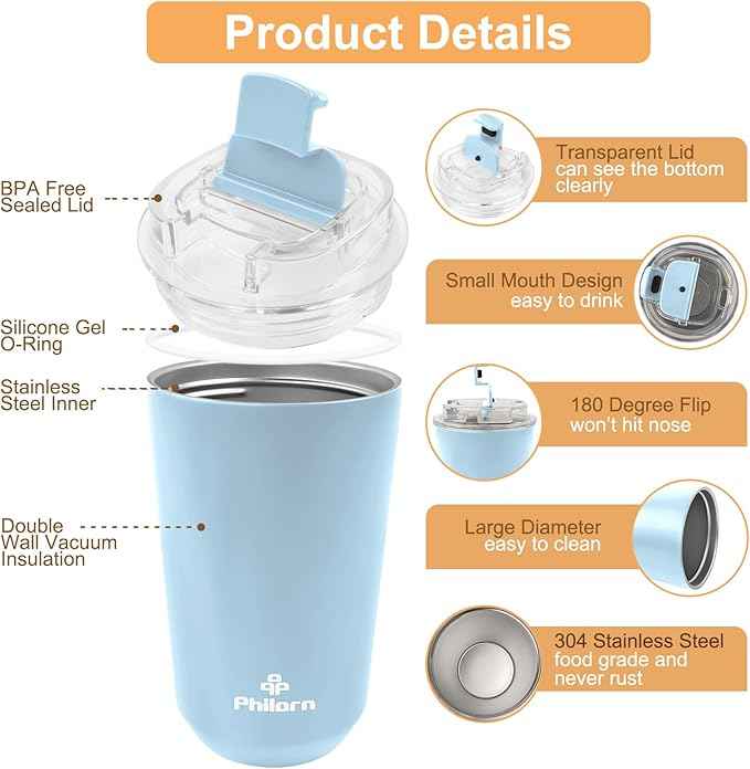 PHILORN Travel Coffee Mug 12 OZ Tumbler, Insulated Coffee Mug with Lid, Coffee Thermos for Hot & Cold Drinks, Leak Proof Coffee Tumbler with Double Wall (LIGHT BLUE)