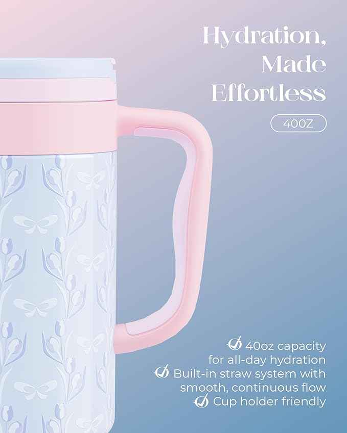 40 oz Insulated Tumbler with Handle and Push-Button Straw Lid, Stainless Steel Travel Cup for Gym Office, Leakproof, BPA-Free, Cup Holder Friendly, Bow Silicone Boot, Blue (Tulip Blue)