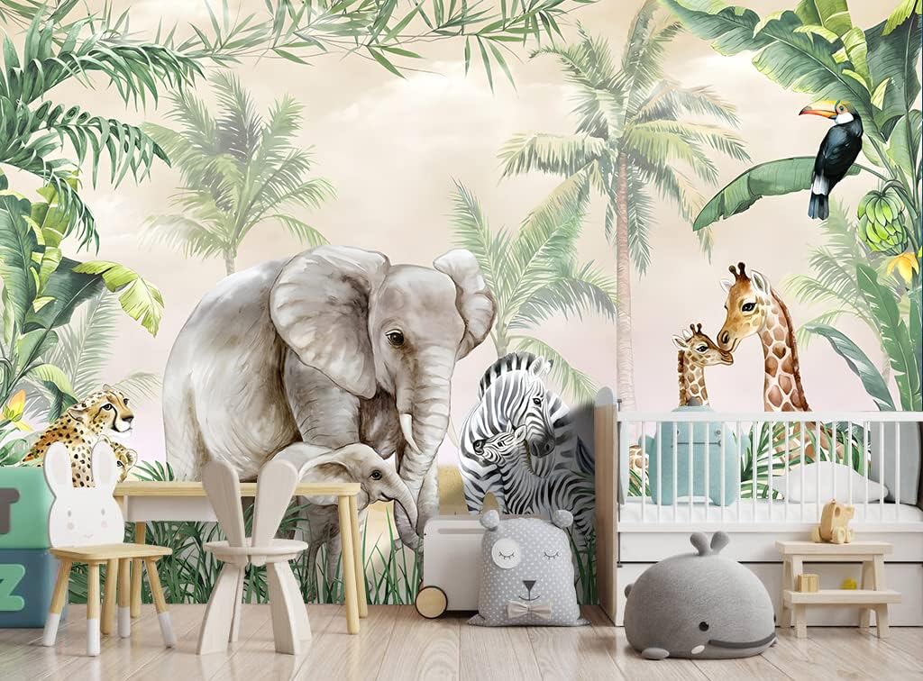 Tropical Animal Plants wallpeper Nursery Kids Bedroom Elephant Wall Mural - 160"x108"（Not Peel and Stick）