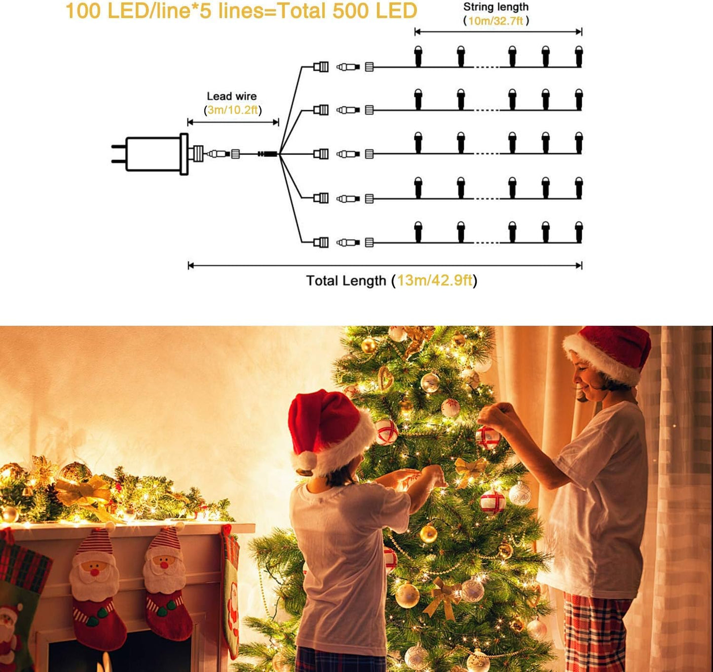 JMEXSUSS 500 LED Warm White Christmas Lights Indoor, 8 Modes Green Wire Christmas Tree Lights Outdoor Waterproof, Twinkle Fairy String Lights Plug in for Xmas Wedding Party Garden Patio