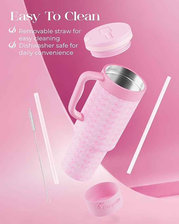 40 oz Insulated Tumbler with Handle and Push-Button Straw Lid, Stainless Steel Travel Cup for Gym Office, Leakproof, BPA-Free, Cup Holder Friendly, Bow Silicone Boot, Pink (Coquette Candy)