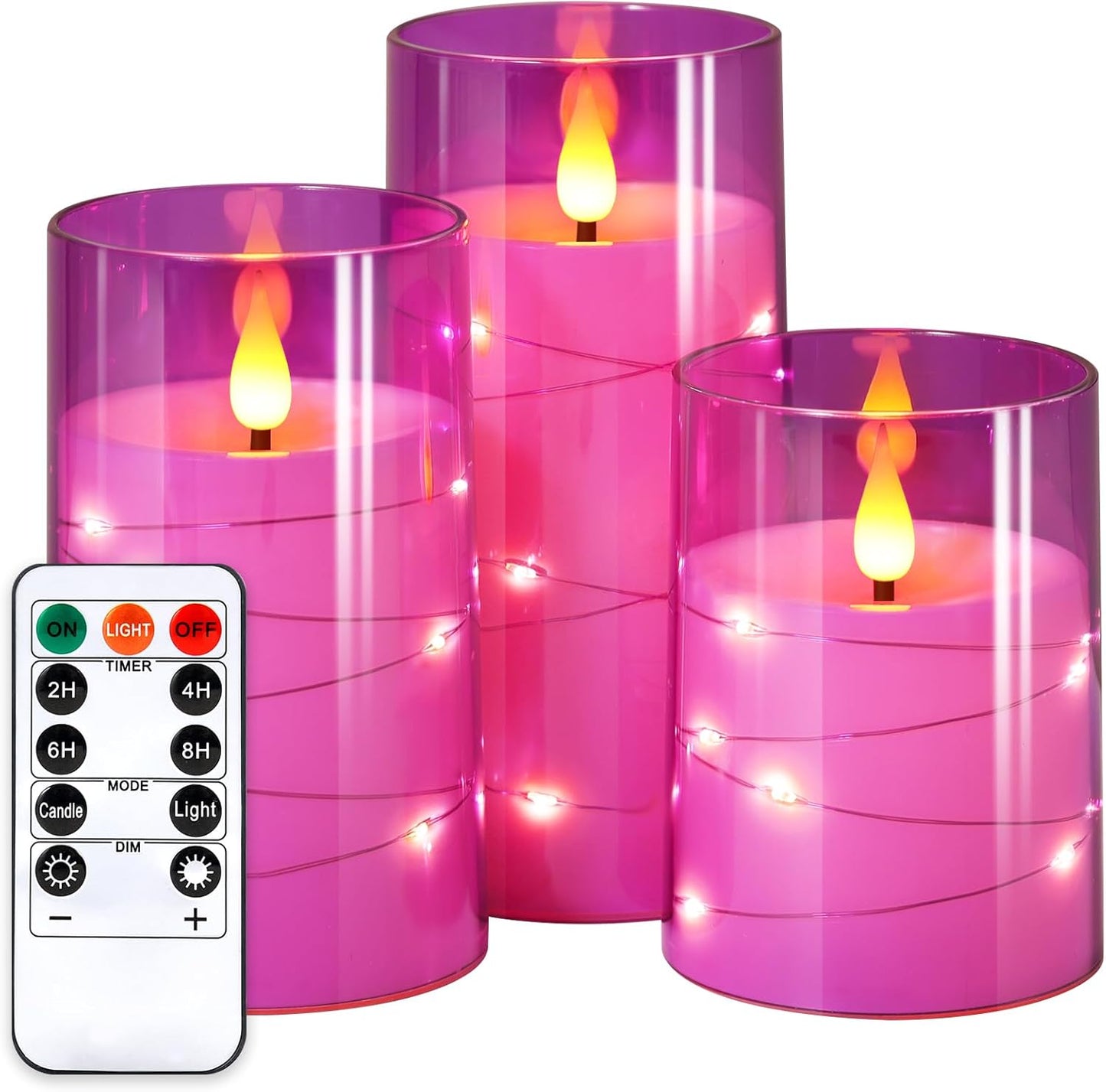 NURADA Flickering Flameless Candles: Built-in Star String Lights 3D Wick Acrylic Battery Operated LED Pillar Candles with Remote and Timer for Table Wedding Centerpieces Party 3 Pack Purple
