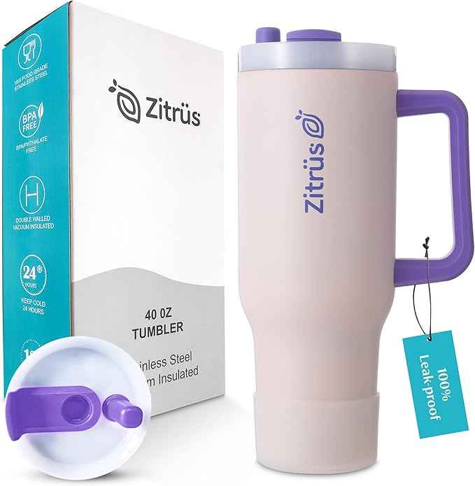 40 oz Tumbler with Handle and Straw | Leak Proof Insulated Stainless Steel Water Bottle Travel Mug Fits in Cup Holder | Keeps Cold Hot | Gifts for Women Men Him Her (Pink, 40 oz)