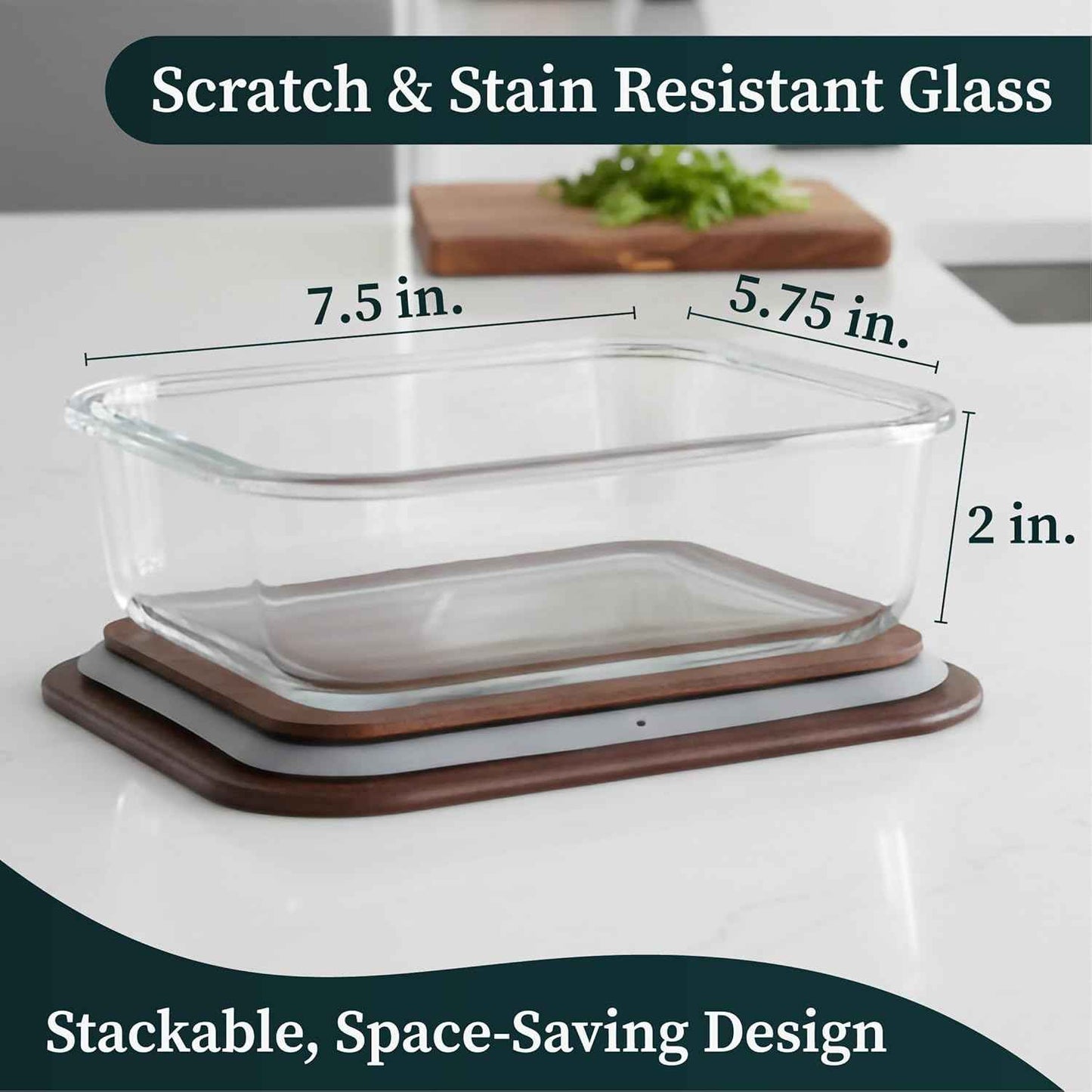 5-Piece Borosilicate Glass Food Storage Containers with Acacia Wood Lids — 35 oz Rectangular Meal Prep & Leftovers Set, Oven, Freezer & Microwave Safe, Plastic-Free