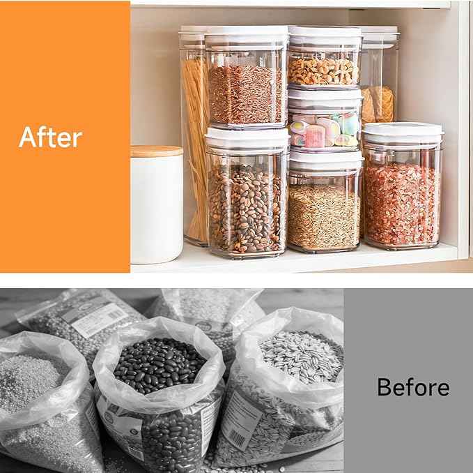 Pop Top Food Storage Container Set | 4Pcs Airtight Cereal Storage Organizer Canisters with Pop Lids, BPA-Free, Vacuum Seal & One-button Opening, Stackable Dry Food Storage(1.9qt*2,0.8qt,1qt