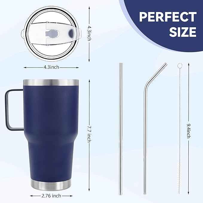 30 oz Tumbler With Handle, Double Wall Stainless Steel Vacuum Insulated Travel Mug with Splash-Proof Lid Metal Straw and Brush (Navy)