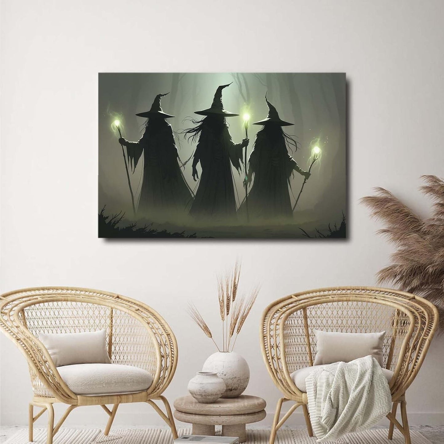 JFHCQJPK Vintage 3 witches canvas wall decor melancholy dark Halloween poster wall decor holding a staff print Gothic horror Halloween painting print for living room bedroom8x12in Frameless