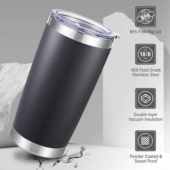 20 oz Tumbler Stainless Steel Tumblers with Lid Double Wall Vacuum Insulated Coffee Mug 20oz Powder Coated Cup for Hot and Cold Drinks, Black, 1 pack