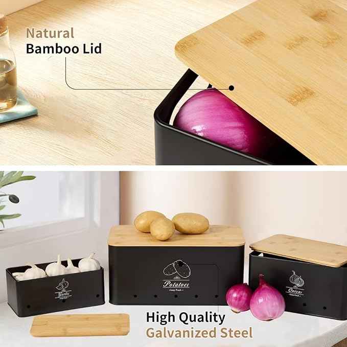 3 Pack Metal Vegetable Storage,Onion Storage,Potato Storage and Garlic Storage Set,Kitchen Vegetable Keeper,Stackable Pantry Organizers with Ventilation Holes and Bamboo Lids(BLACK)