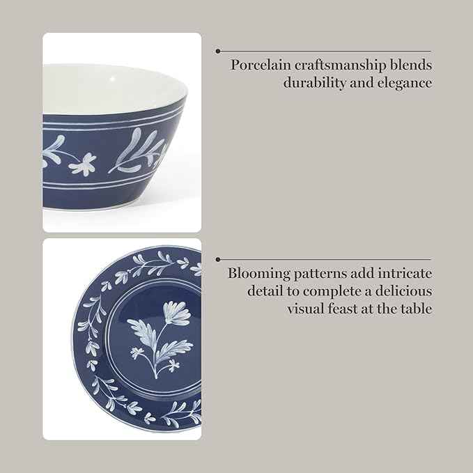 Martha Stewart Dinnerware Set- Maiden Crown 12-Piece Sky Blue Dishes – New Bone China Ceramic Plates & Bowls – Floral Design – Service for 4 – Microwave & Dishwasher Safe