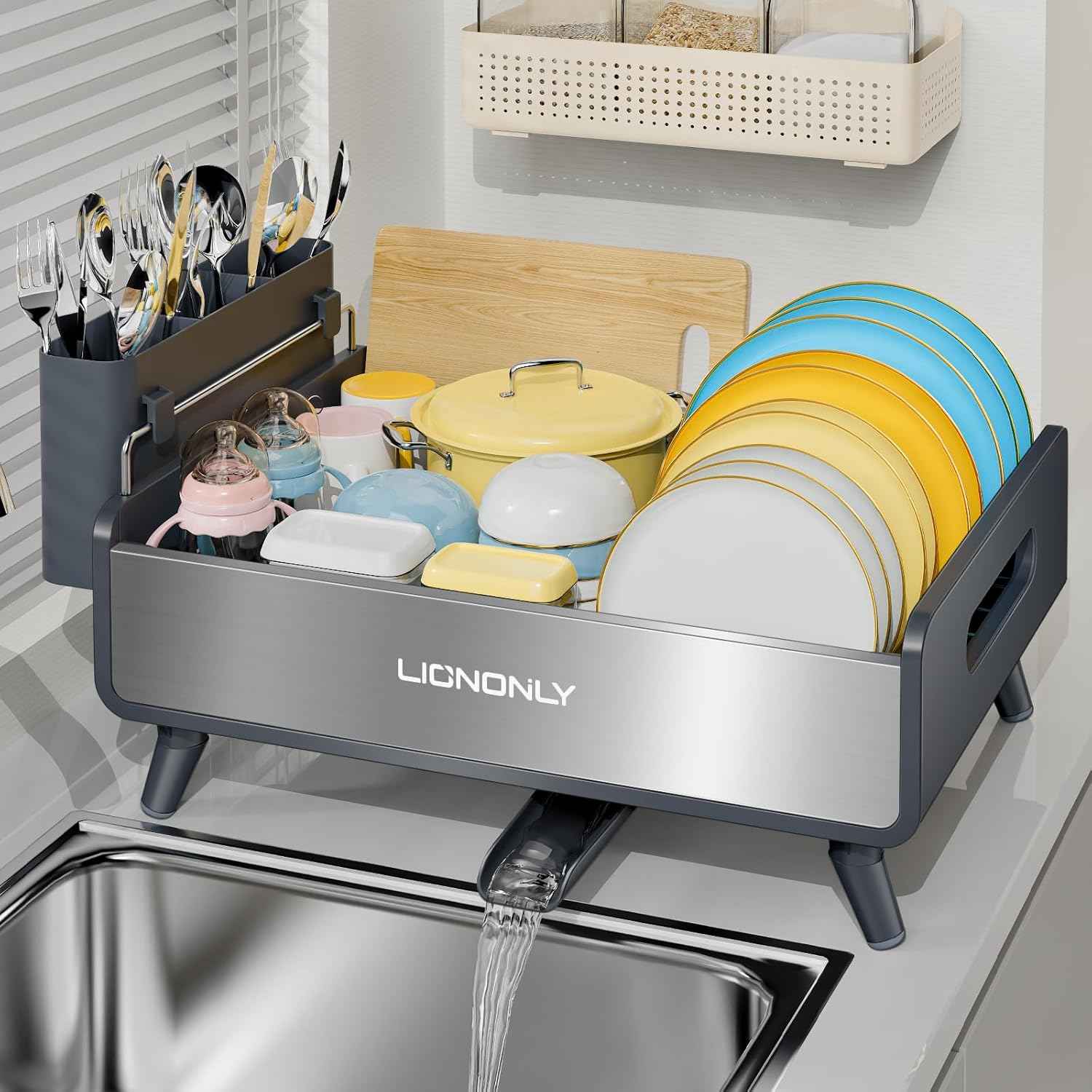 Dish Drying Rack with Drain Board, 304 Stainless Steel Core, Aluminum Rustproof Frame, Anti-Slip Elevated Feet, Removable Adjustable Spout, Utensil Holder, Gray