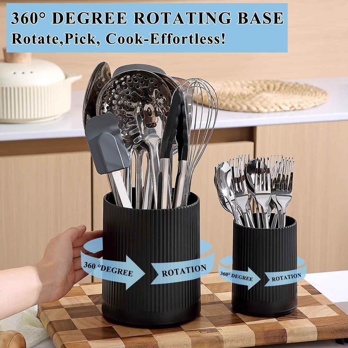 Kyraton Cooking Utensils Holder 2pcs, 360° Rotating Heavy Duty Plastic Kitchen Utensil Holder for Countertop, The Small Utensil Crock for Cutlery Silverware, Tooth Brush, Desk Pencil Pen