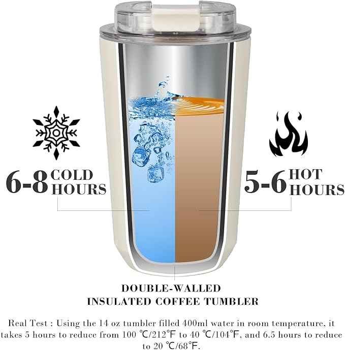 Puraville Insulated Tumblers with Lid, 14 oz Travel Coffee Mug Stainless Steel Vacuum Cup, Leak Proof Reusable Double Walled Coffee Tumbler for Iced and Hot Drinks, Cream