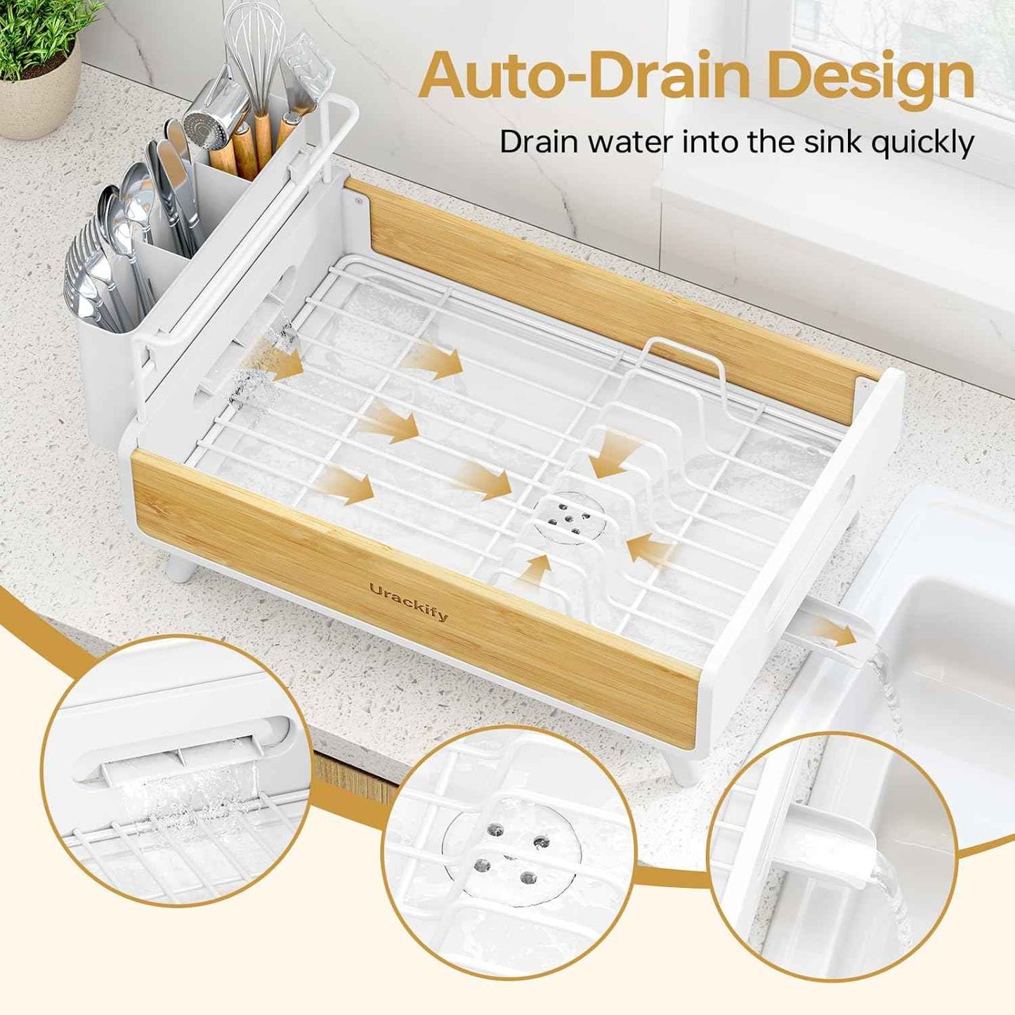 Urackify Dish Drying Rack for Kitchen Counter - Stainless Steel & Bamboo Dish Rack with Large Removable Utensil Holder, Dish Drainer with Adjustable Automatic Spout, White