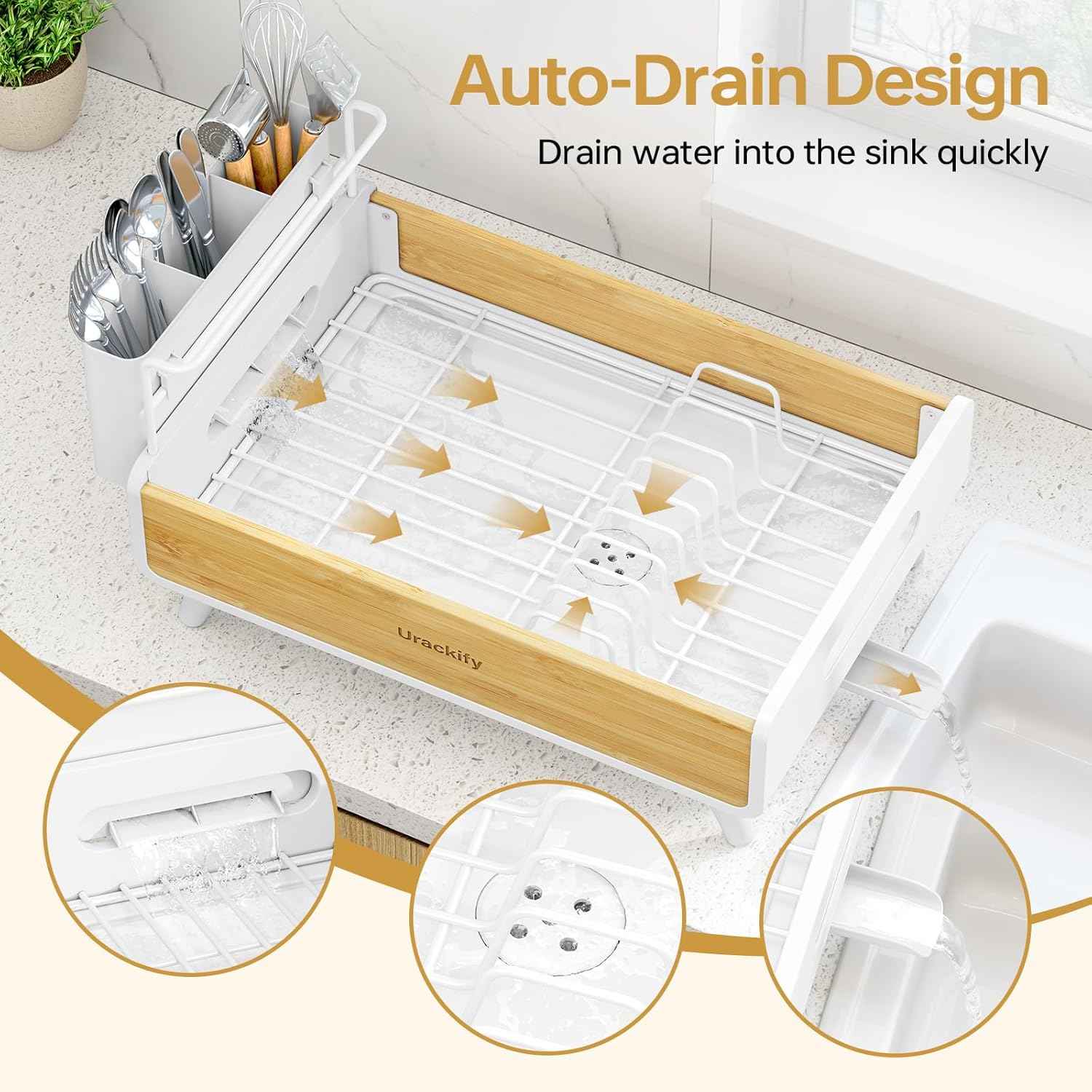 Urackify Dish Drying Rack for Kitchen Counter - Stainless Steel & Bamboo Dish Rack with Large Removable Utensil Holder, Dish Drainer with Adjustable Automatic Spout, White