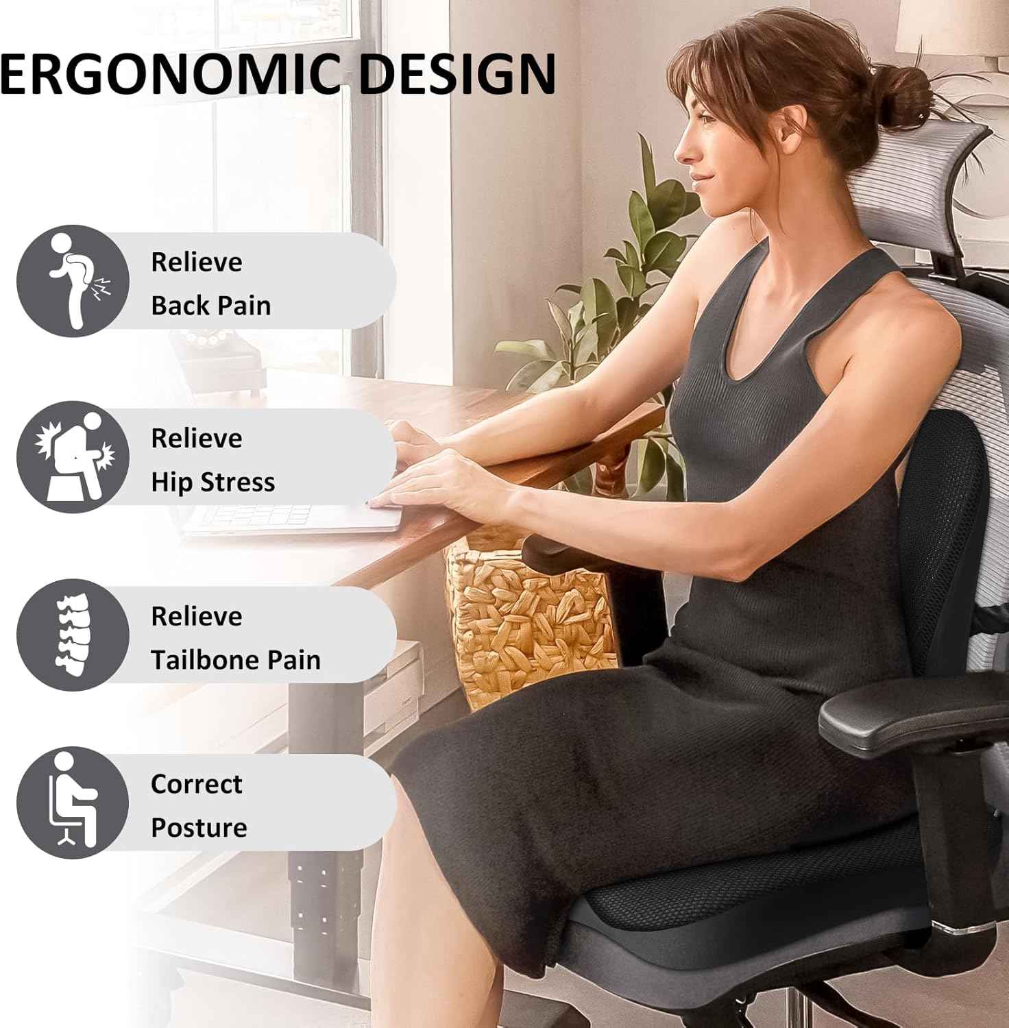 Seat Cushion,Lumbar Support Pillow for Office Chair,Memory Foam Coccyx Seat Cushion,Ergonomic Mesh Back Support Pillow,Office Desk Chair Cushion for Sciatica,Back&Tailbone Pain Relief,Black